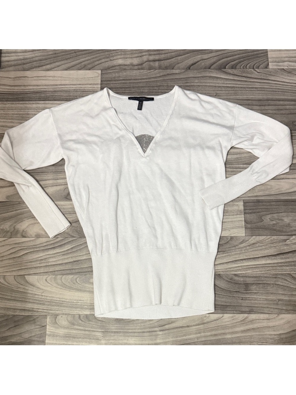 White House Black Market White V-Neck Sweater With Chain Detail